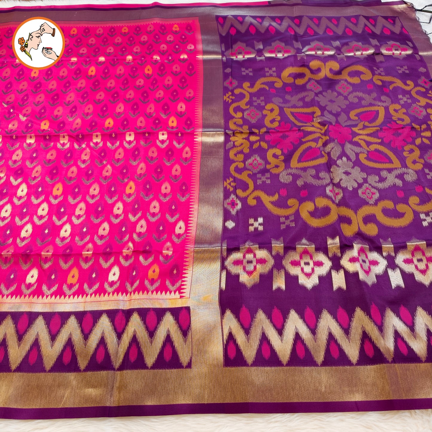 Dark Pink Pochampally Silk Saree with contrast Purple border