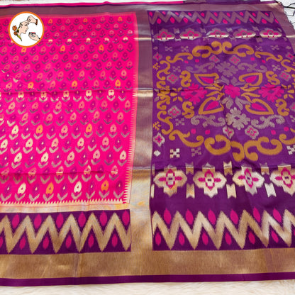 Dark Pink Pochampally Silk Saree with contrast Purple border