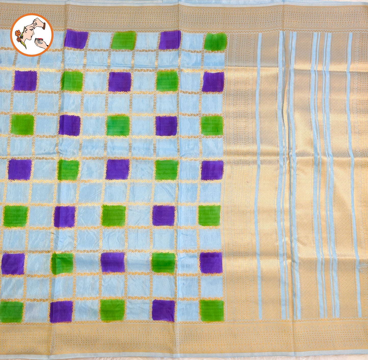 Ice Blue multicolour checks Rangkat Soft Banarasi Silk Partywear Saree (Light Weight)
