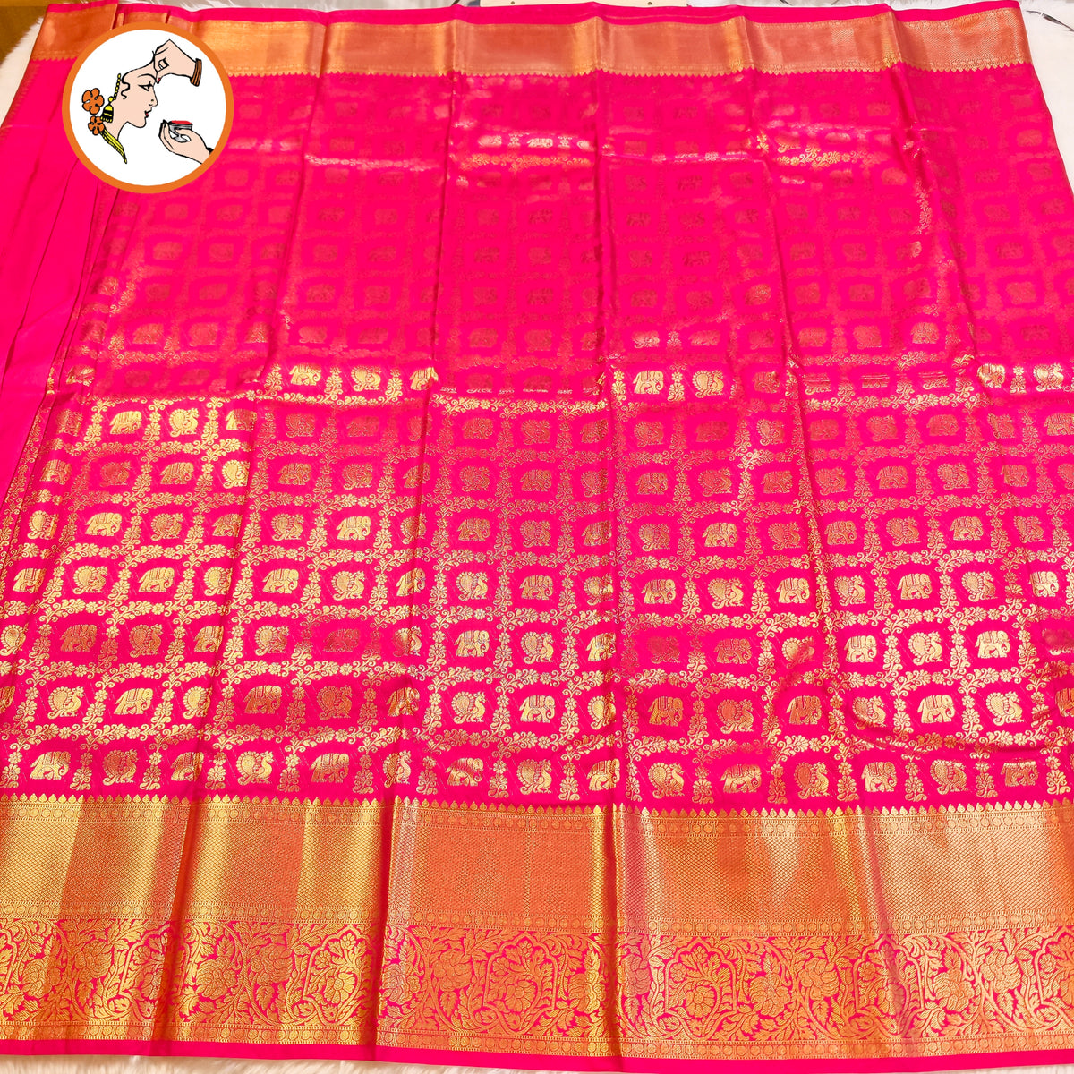 Magenta Pink Kanchipuram mix Silk Saree with elephant & peacock motif & gold zari Floral weaving border