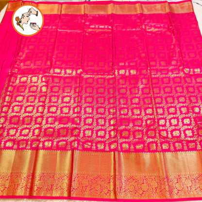 Magenta Pink Kanchipuram mix Silk Saree with elephant & peacock motif & gold zari Floral weaving border