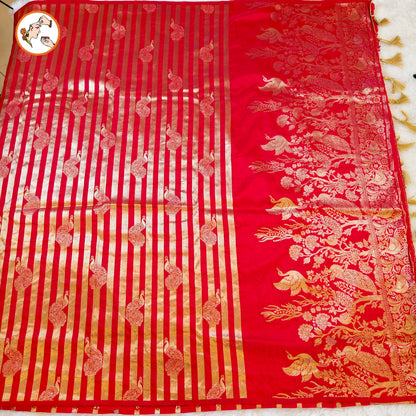 Red borderless Golden stripes Peacock motif Fancy Silk Saree