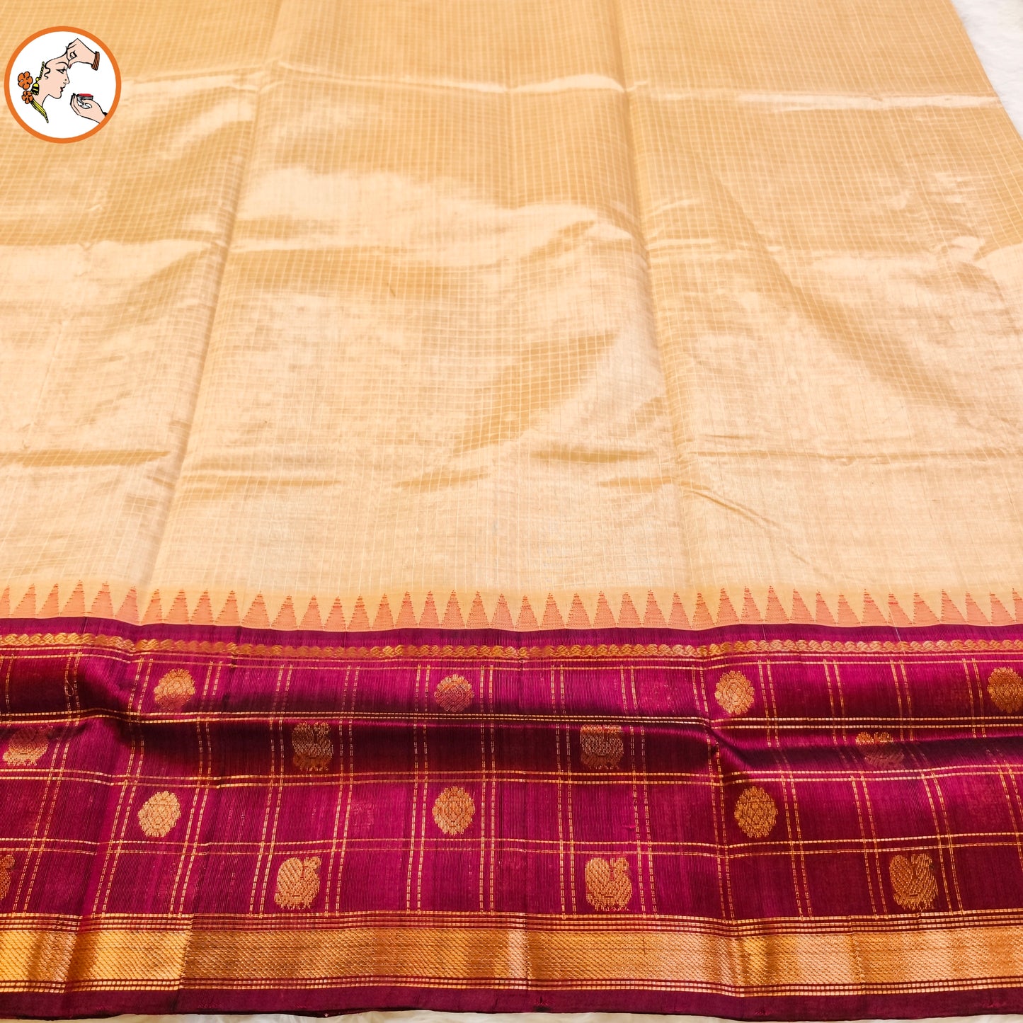 Cream/Beige Classic Checkered pattern (Podi Kattam) Purple border Pure Handloom Silk Cotton Saree