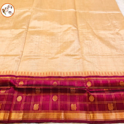 Cream/Beige Classic Checkered pattern (Podi Kattam) Purple border Pure Handloom Silk Cotton Saree