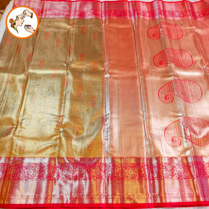 Golden with Red border High tIssue Kanchipuram Silk Saree