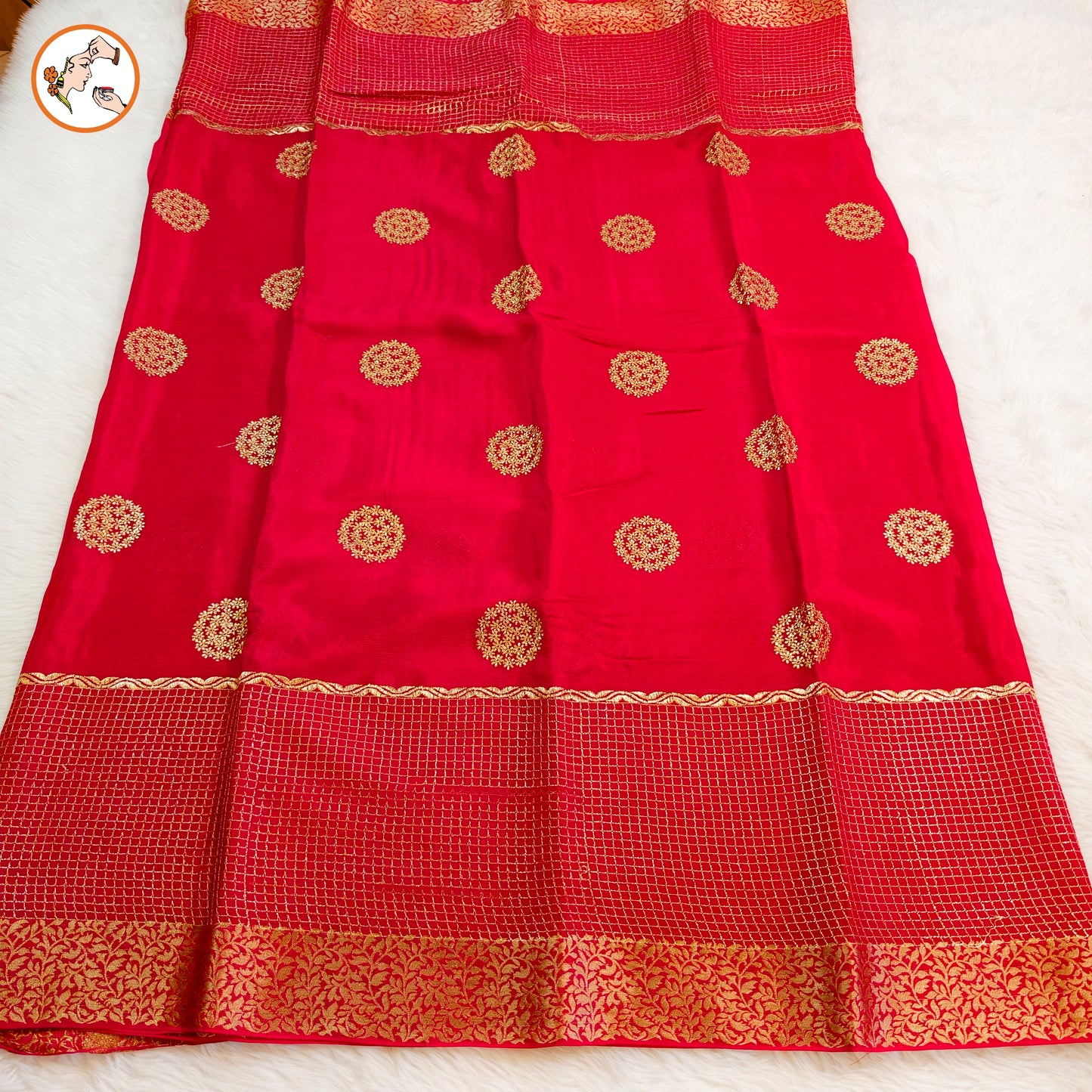 Red Colour Golden Embriodery Premium Wrinkle Chiffon Georgette Designer Saree