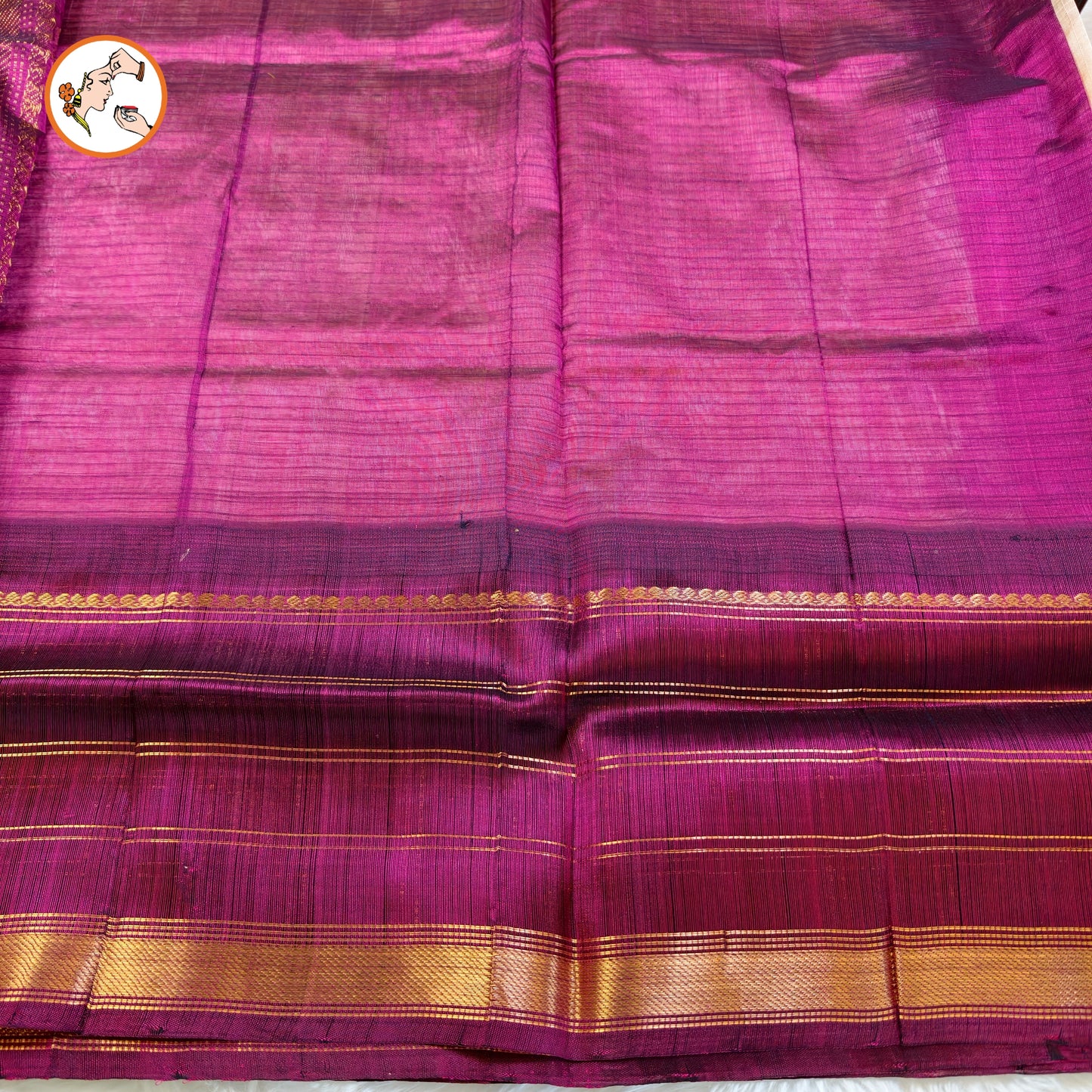 Cream/Beige Classic Checkered pattern (Podi Kattam) Purple border Pure Handloom Silk Cotton Saree
