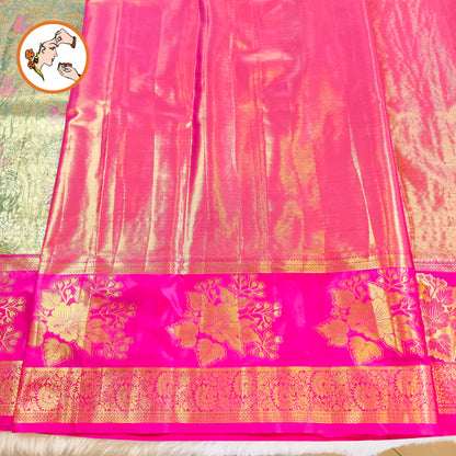 Dark Green with Magenta Floral border intricate Gold zari Floral weaving Kanchipuram Bridal High Tissue Silk Saree