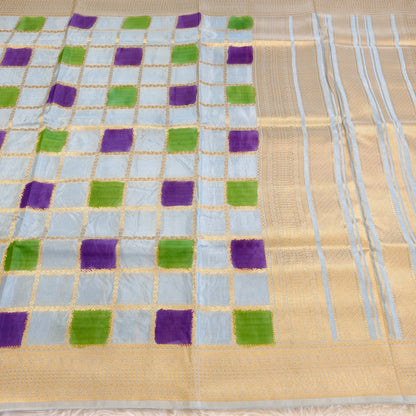 Ice Blue multicolour checks Rangkat Soft Banarasi Silk Partywear Saree (Light Weight)
