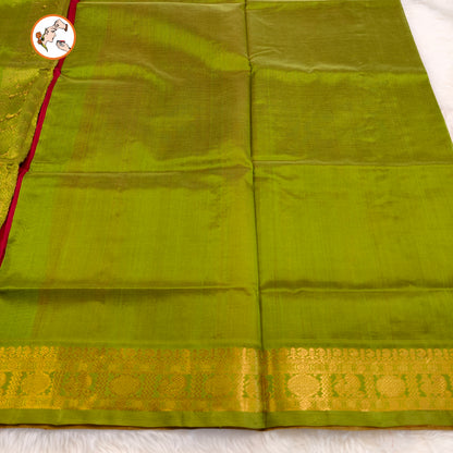 Red Traditional Pure Silk Cotton Saree with Green Peacock border