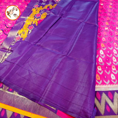 Dark Pink Pochampally Silk Saree with contrast Purple border