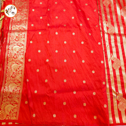 Red borderless Golden stripes Peacock motif Fancy Silk Saree