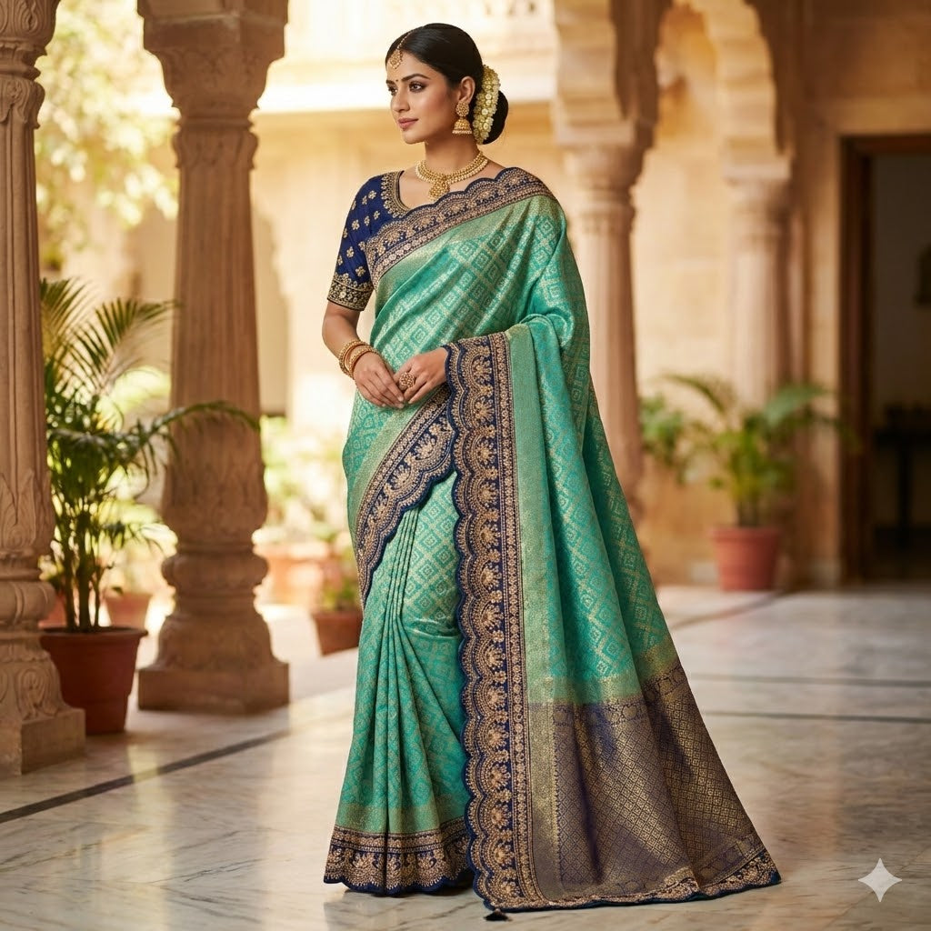 Sky Blue with Dark Blue lace border Banarasi Silk Partywear Saree