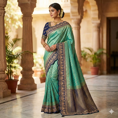 Sky Blue with Dark Blue lace border Banarasi Silk Partywear Saree