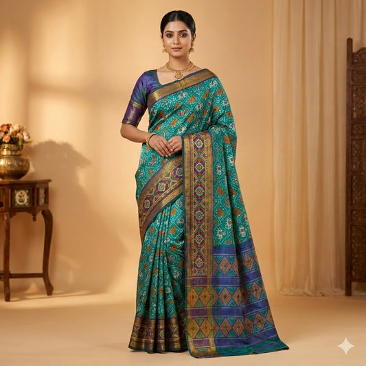 Peacock Green Pochampally Silk Cotton Casual Saree