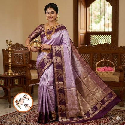 Lavender with Purple elephant border Kanchipuram Tissue Silk Saree