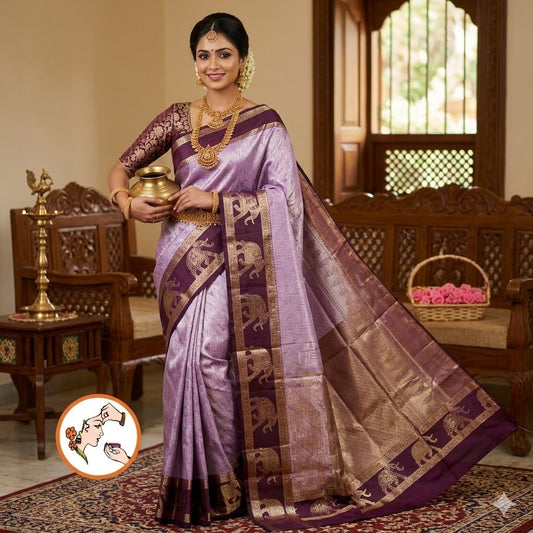 Lavender with Purple elephant border Kanchipuram Tissue Silk Saree