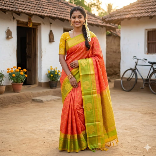 Orangish Pink(dual tone) with Green peacock border Pure Handloom Silk Cotton Saree