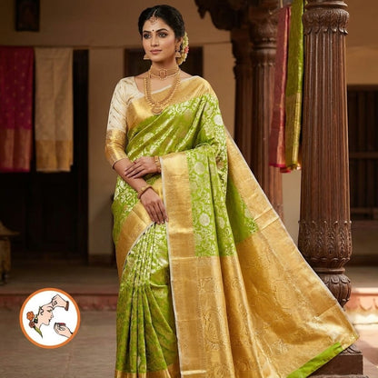 Parrot Green & Offwhite border with Silver Floral weaving body & gold zari border Kanchipuram mix Silk Saree