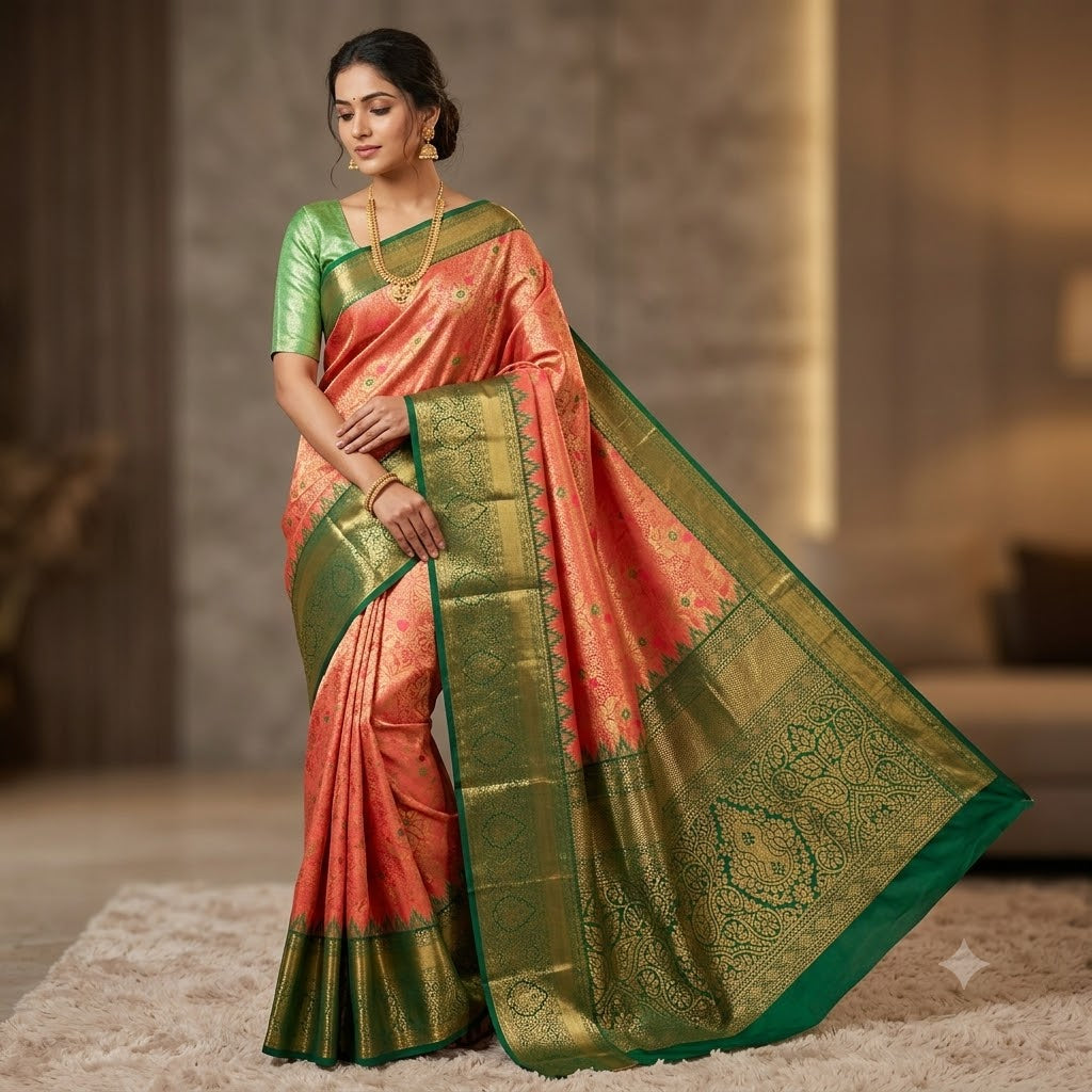 Dark Peach with Green Temple border High Tissue Kanchipuram Silk saree