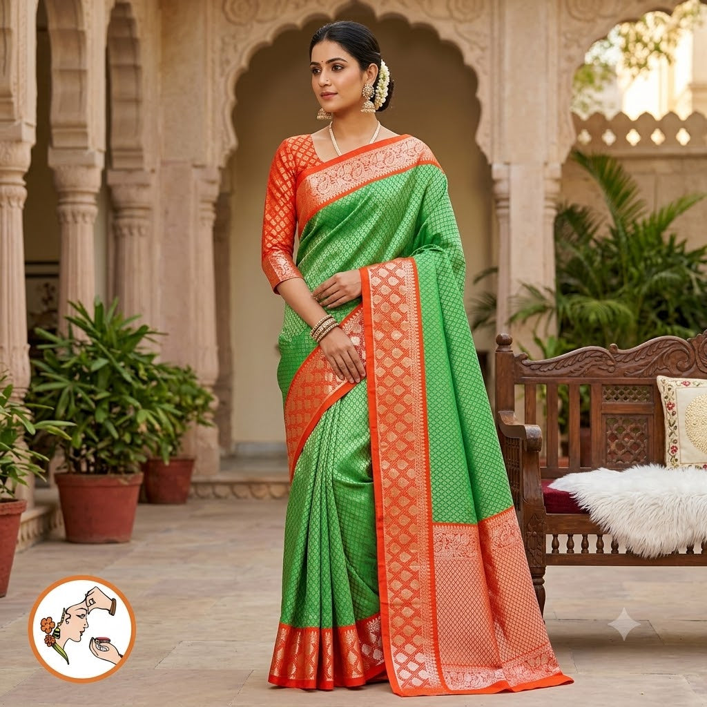 Dark Green with Orange border Silver zari weaving Kanchipuram Mix Silk Saree