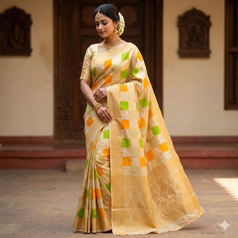 Beige multicolour checks Rangkat Soft Banarasi Silk Partywear Saree(Light Weight)