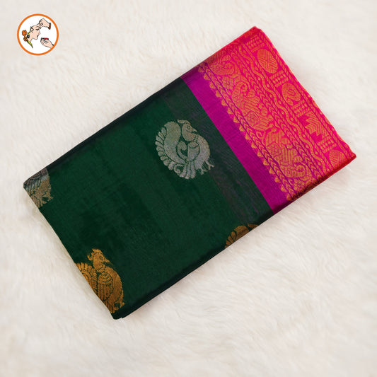 Dark Green with Pink Peacock motif Traditional Pure Silk Cotton Saree