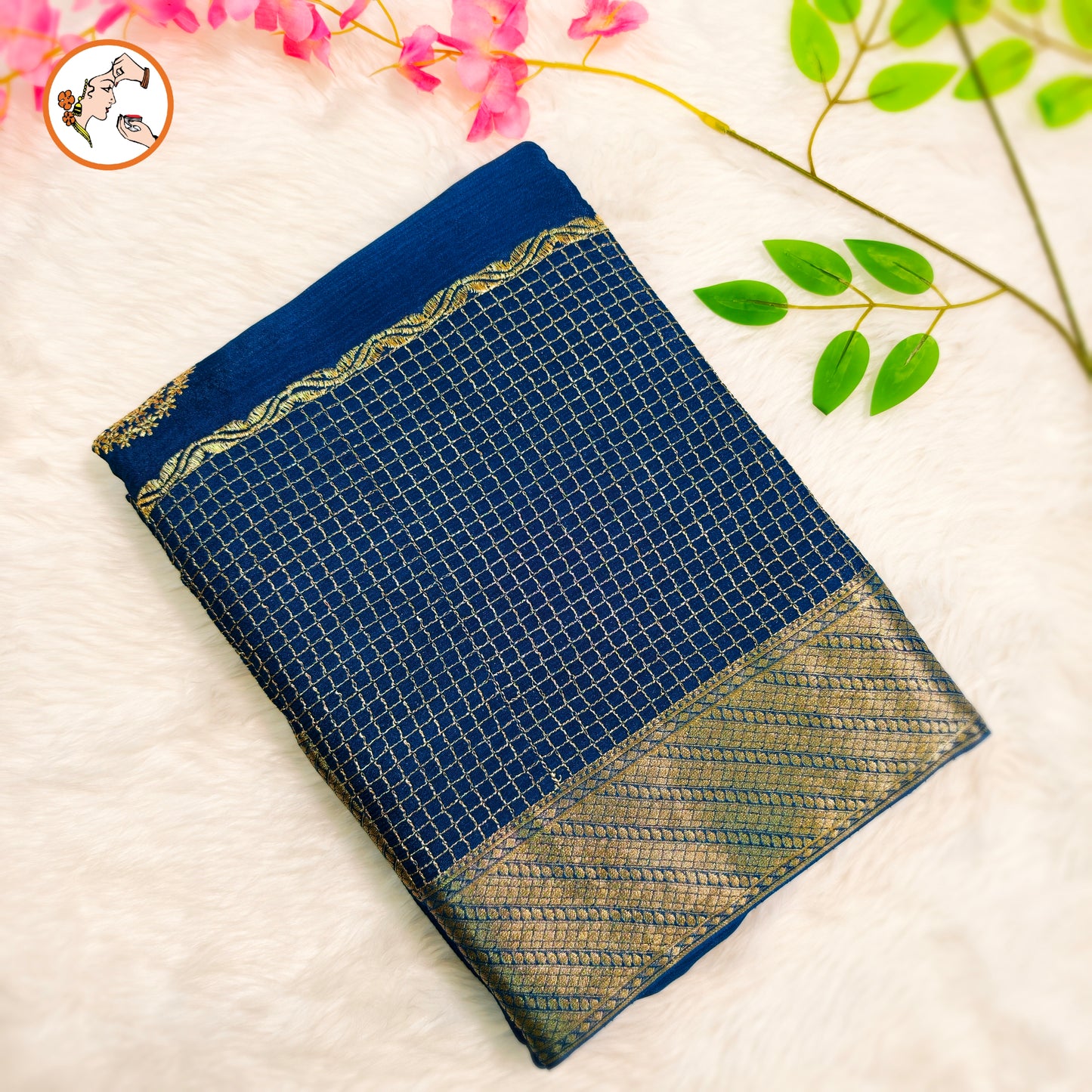 Peacock Blue Colour Golden Embriodery Premium Wrinkle Chiffon Georgette Designer Saree