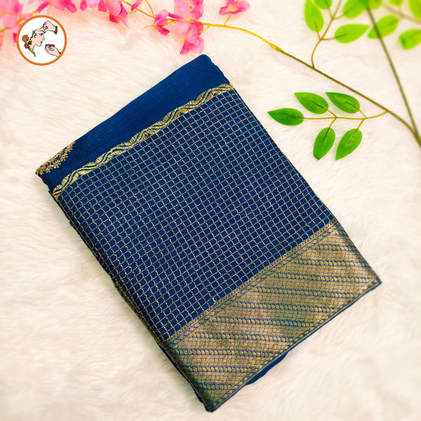 Peacock Blue Colour Golden Embriodery Premium Wrinkle Chiffon Georgette Designer Saree