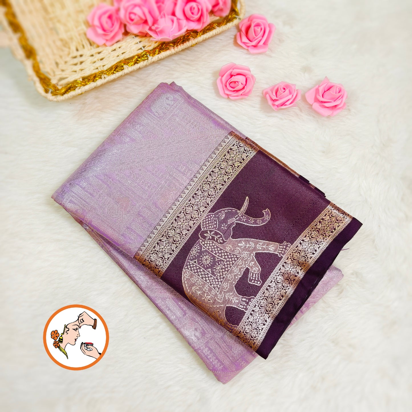 Lavender with Purple elephant border Kanchipuram Tissue Silk Saree
