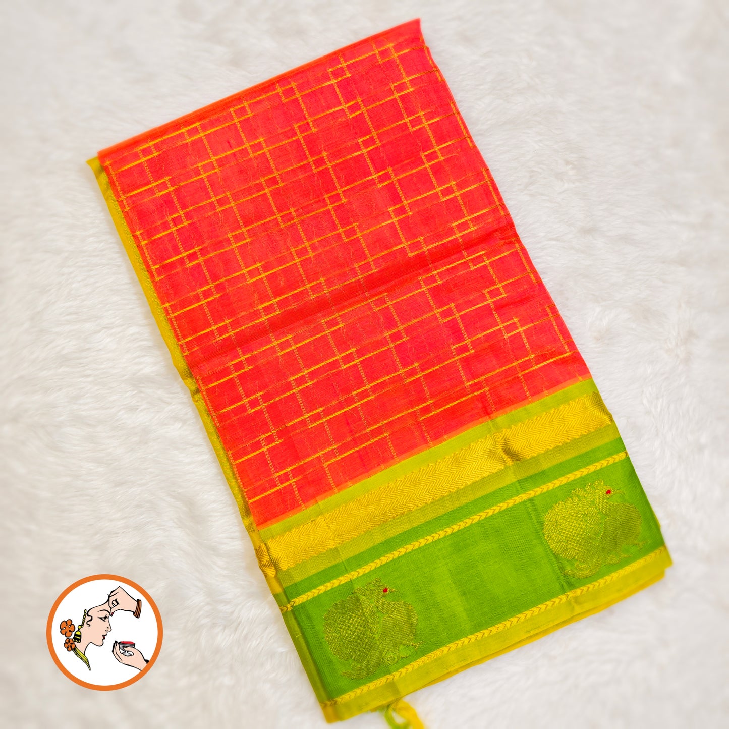 Orangish Pink(dual tone) with Green peacock border Pure Handloom Silk Cotton Saree