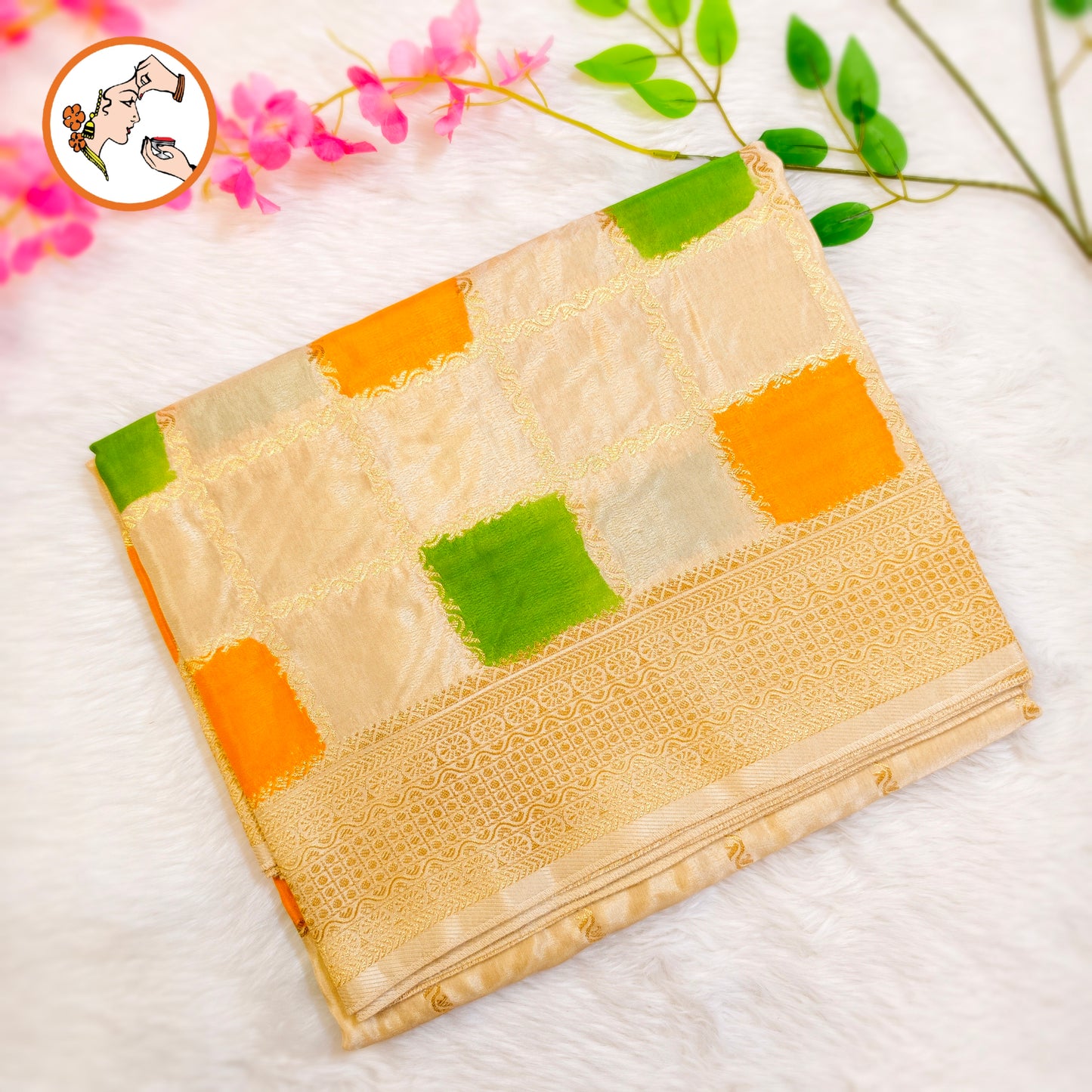 Beige multicolour checks Rangkat Soft Banarasi Silk Partywear Saree(Light Weight)