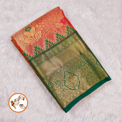 Dark Peach with Green Temple border High Tissue Kanchipuram Silk saree