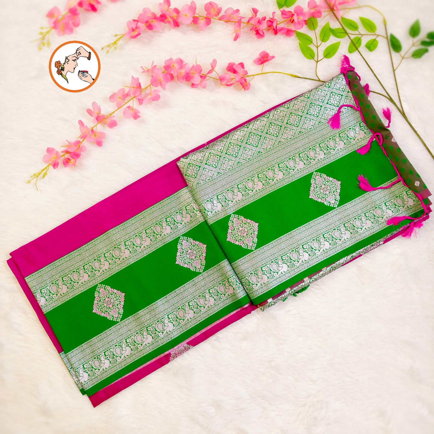 Rani Pink with Green border Soft Silk Saree
