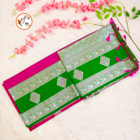 Rani Pink with Green border Soft Silk Saree