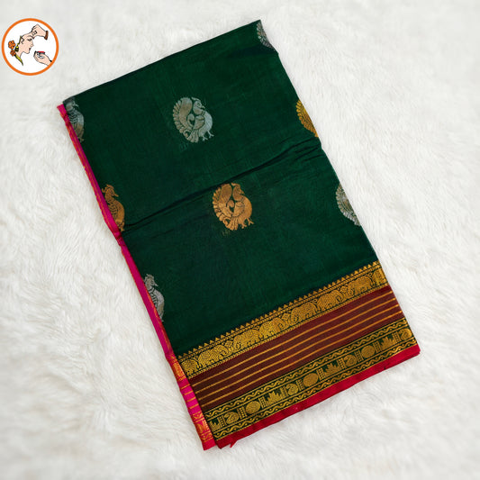 Dark Green with Pink Peacock motif Traditional Pure Silk Cotton Saree