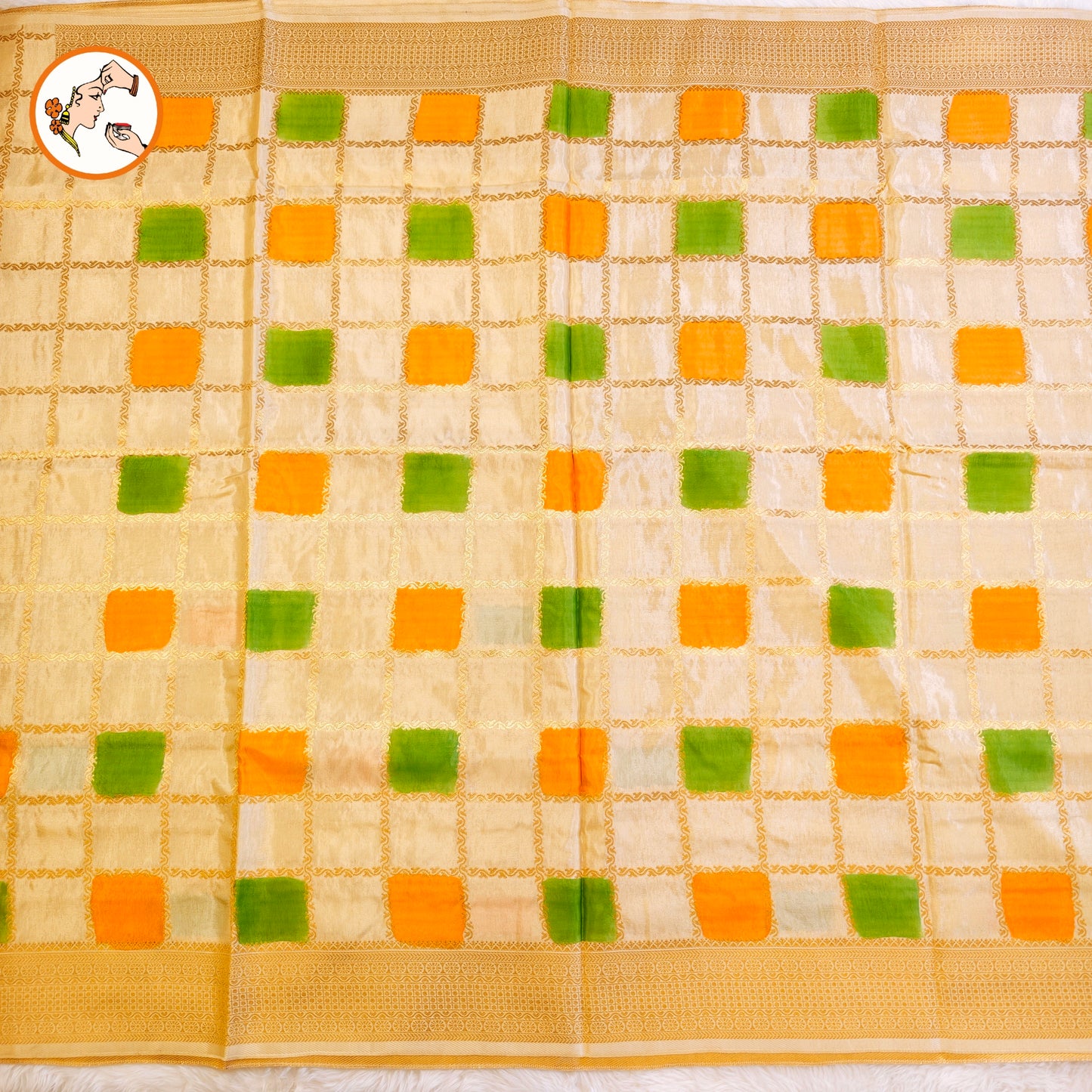 Beige multicolour checks Rangkat Soft Banarasi Silk Partywear Saree(Light Weight)