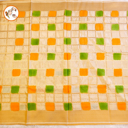 Beige multicolour checks Rangkat Soft Banarasi Silk Partywear Saree(Light Weight)