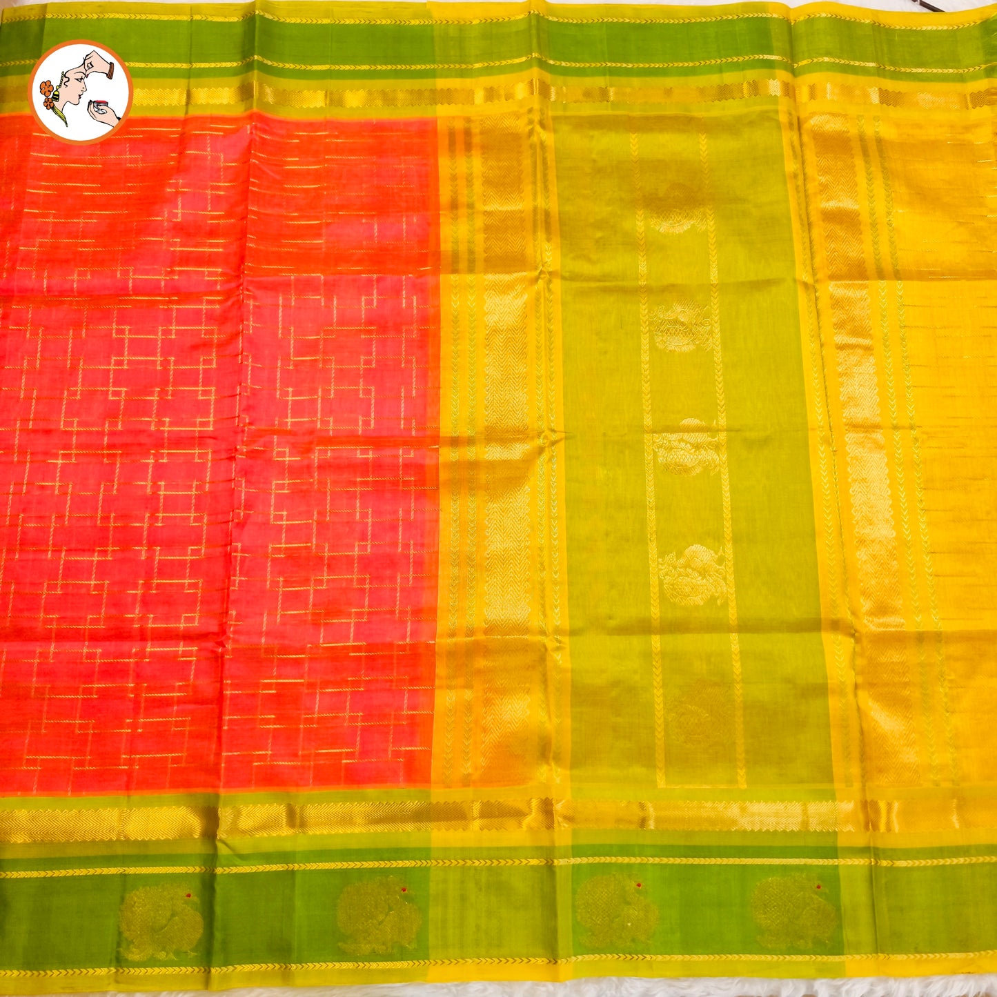 Orangish Pink(dual tone) with Green peacock border Pure Handloom Silk Cotton Saree