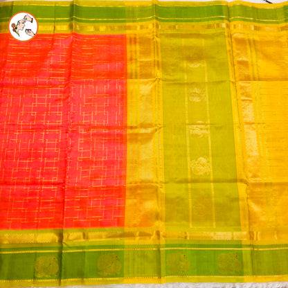 Orangish Pink(dual tone) with Green peacock border Pure Handloom Silk Cotton Saree