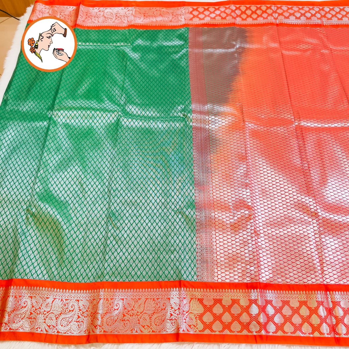 Dark Green with Orange border Silver zari weaving Kanchipuram Mix Silk Saree