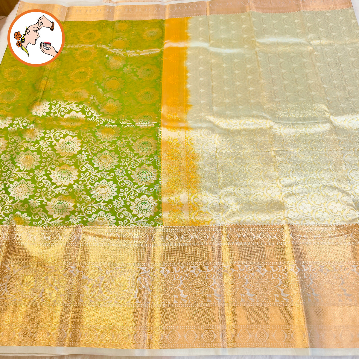 Parrot Green & Offwhite border with Silver Floral weaving body & gold zari border Kanchipuram mix Silk Saree