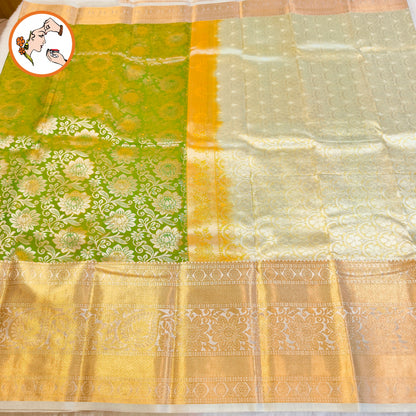 Parrot Green & Offwhite border with Silver Floral weaving body & gold zari border Kanchipuram mix Silk Saree