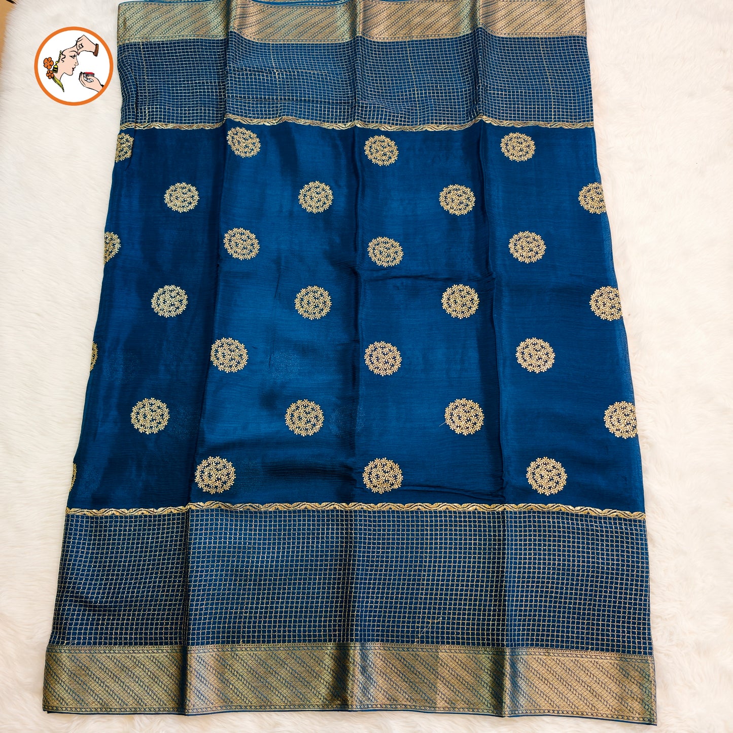 Peacock Blue Colour Golden Embriodery Premium Wrinkle Chiffon Georgette Designer Saree