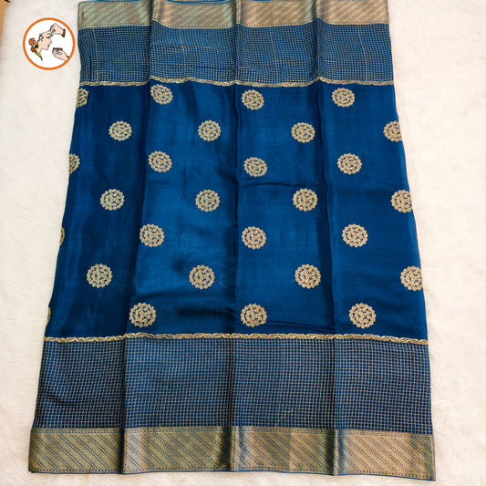 Peacock Blue Colour Golden Embriodery Premium Wrinkle Chiffon Georgette Designer Saree