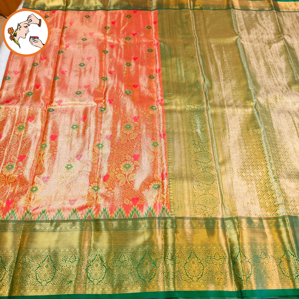 Dark Peach with Green Temple border High Tissue Kanchipuram Silk saree