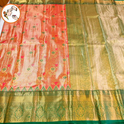 Dark Peach with Green Temple border High Tissue Kanchipuram Silk saree