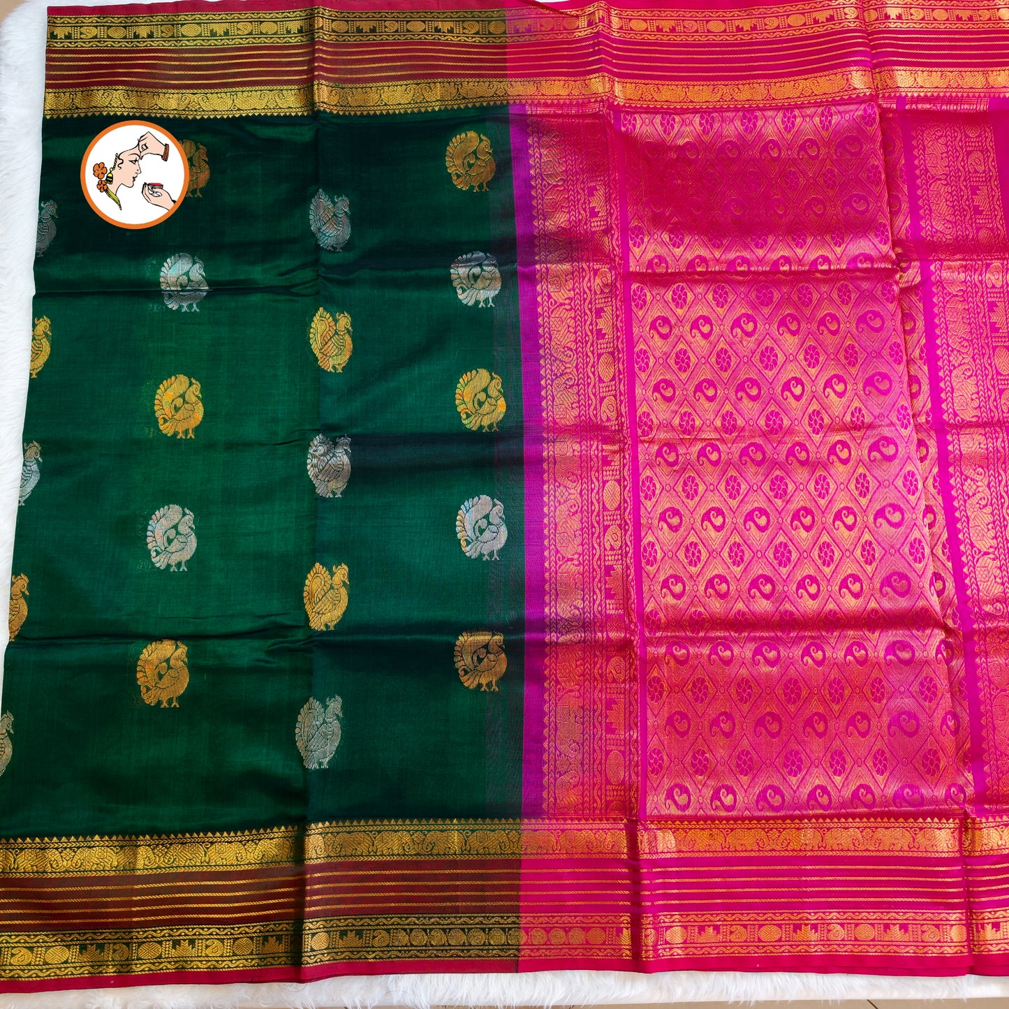 Dark Green with Pink Peacock motif Traditional Pure Silk Cotton Saree
