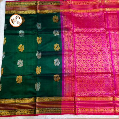 Dark Green with Pink Peacock motif Traditional Pure Silk Cotton Saree