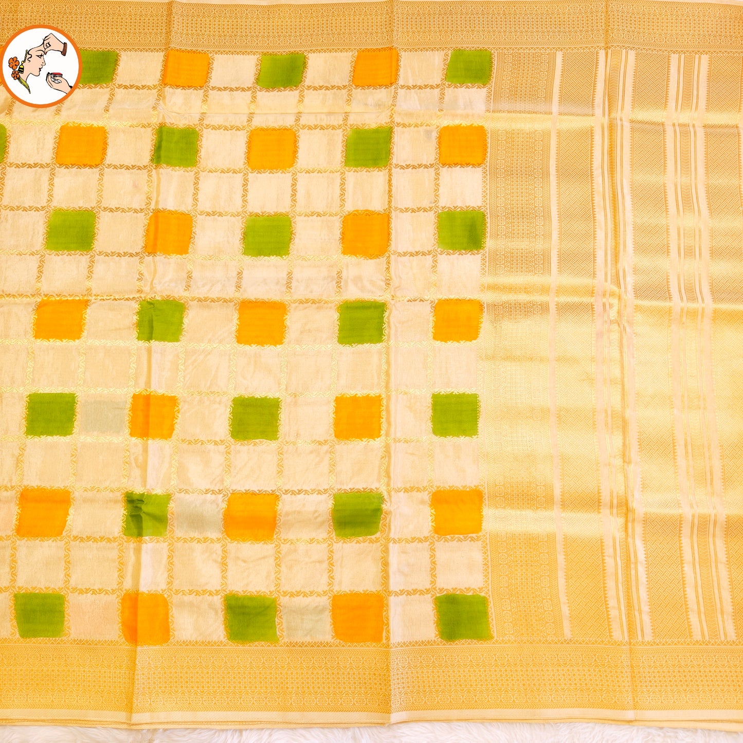 Beige multicolour checks Rangkat Soft Banarasi Silk Partywear Saree(Light Weight)